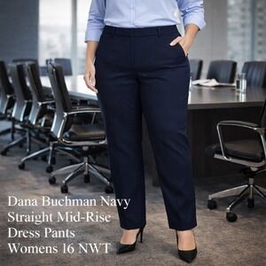 DANA BUCHMAN Women's Navy Straight Mid Rise Pants Size 16 Professional Wardrobe